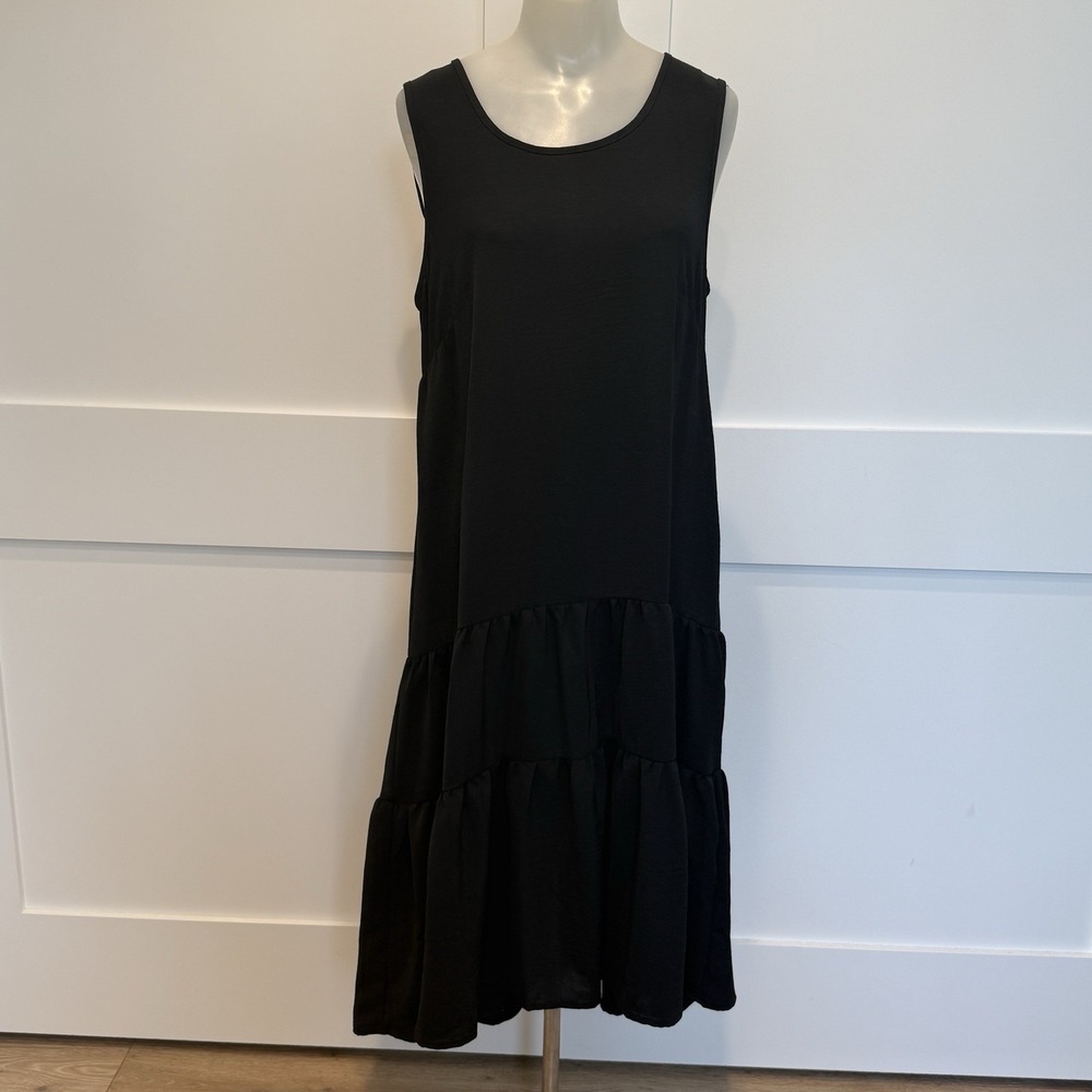 Nicole Miller New York Black Sleeveless Tiered Midi Dress Hi Lo Flowy Classic LG